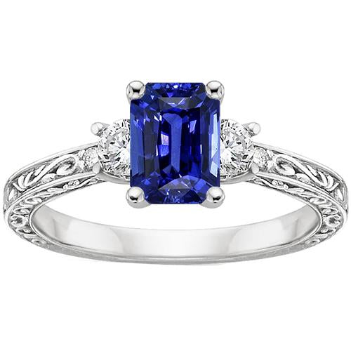 Bague Trois Pierres Style Antique Saphir Bleu & Diamants 4.50 Carats - HarryChadEnt.FR