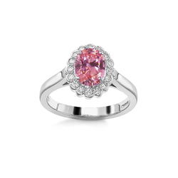 Bague anniversaire en or avec saphir rose et diamants ronds de 2.50 ct