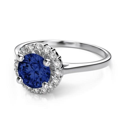 Bague avec halo de diamants et saphir de Ceylan ronds 2 ct - HarryChadEnt.FR