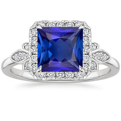 Bague avec halo de diamants pavé avec centre de saphir bleu princesse en or 6 carats