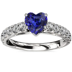 Bague avec pierres précieuses saphir cœur et accents de diamants à double pavé 3.50 carats