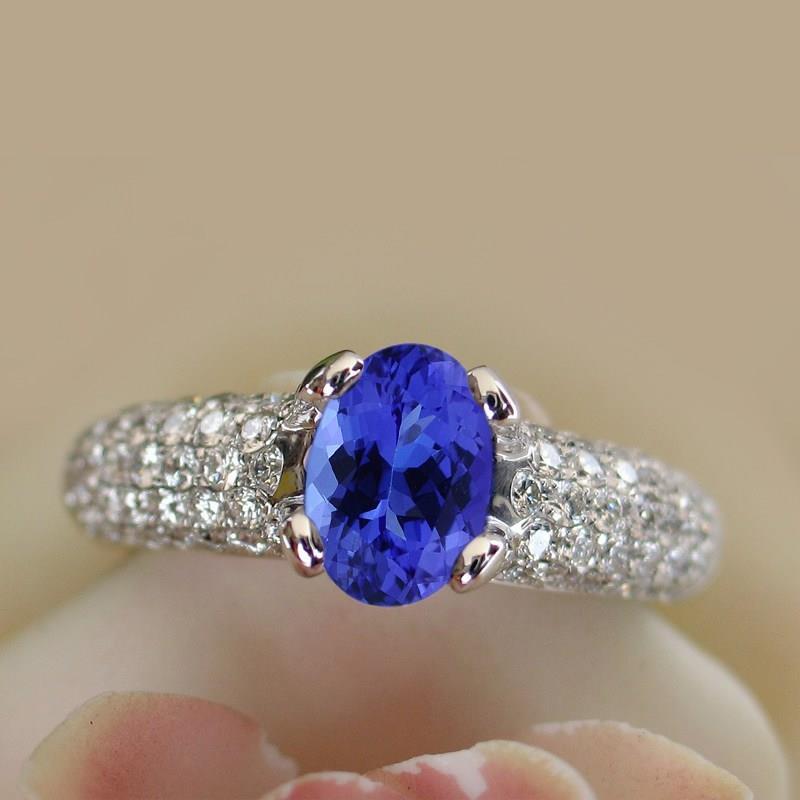 Bague avec pierres précieuses tanzanite bleue et diamants en or 2.5 ct 14K - HarryChadEnt.FR