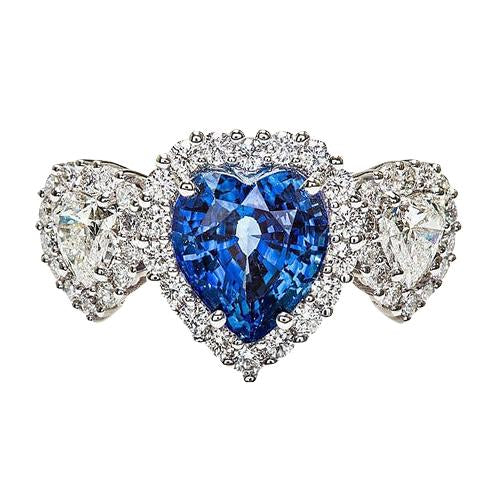 Bague d'anniversaire en or 7 carats taille coeur saphir bleu et halo de diamants - HarryChadEnt.FR