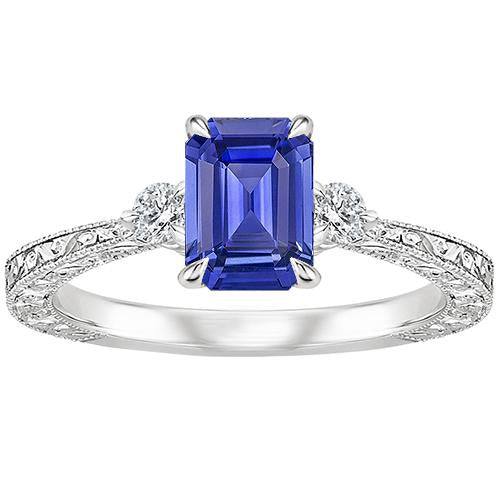 Bague de Fiançailles 3 Pierres Saphir Bleu Emeraude & Diamant 3.50 Carats - HarryChadEnt.FR