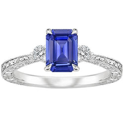 Bague de Fiançailles 3 Pierres Saphir Bleu Emeraude & Diamant 3.50 Carats