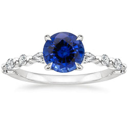 Bague de Fiançailles 4 Carats Ronde Saphir Ceylan & Diamant Marquise Or