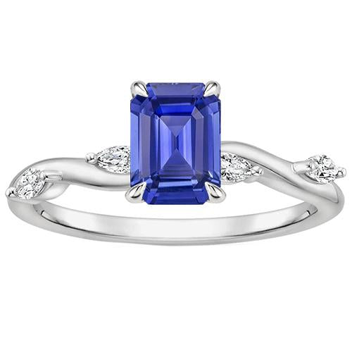 Bague de Fiançailles 5 Pierres Taille Emeraude Saphir Bleu & Diamant 4 Carats - HarryChadEnt.FR