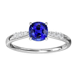 Bague de Fiançailles Coussin Diamant Saphir Bleu Or Blanc 2 Carats