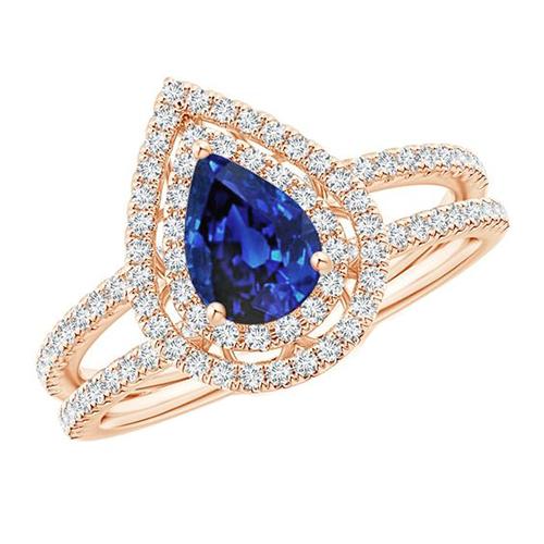 Bague de Fiançailles Diamant Double Halo Poire Saphir Bleu 5.75 Carats - HarryChadEnt.FR