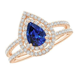Bague de Fiançailles Diamant Double Halo Poire Saphir Bleu 5.75 Carats