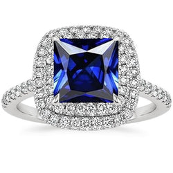 Bague de Fiançailles Diamant Double Halo Saphir Bleu 7 Carats Or Blanc