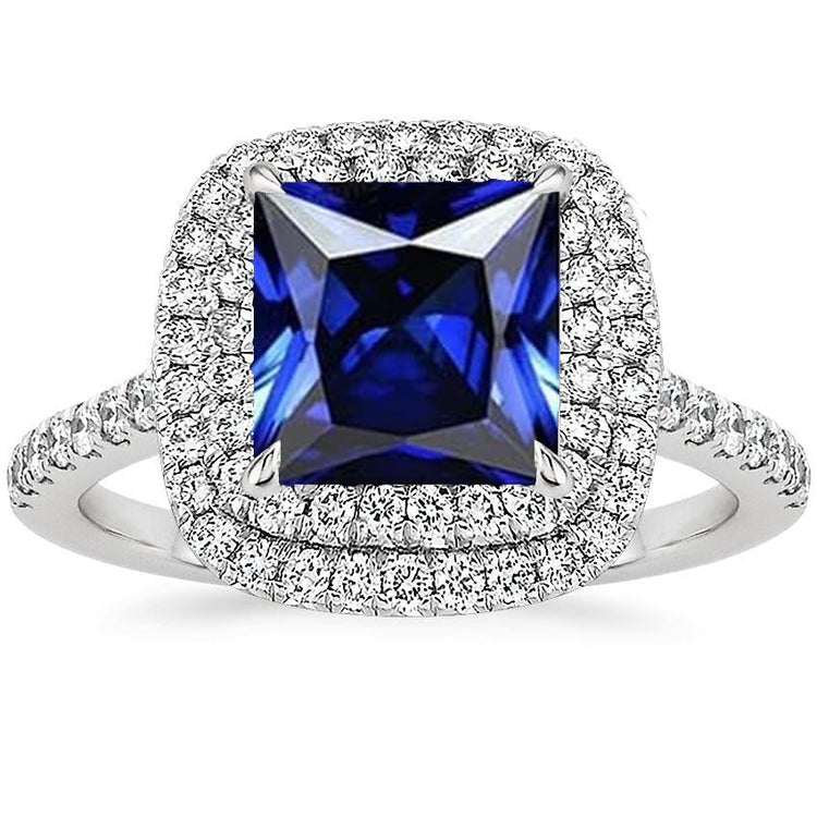 Bague de Fiançailles Diamant Double Halo Saphir Bleu 7 Carats Or Blanc - HarryChadEnt.FR