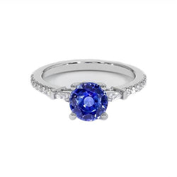 Bague de Fiançailles Diamant Or Saphir Bleu Avec Baguettes 3 Carats