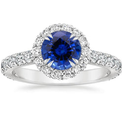 Bague de Fiançailles Diamant Rond Halo Ceylan Saphir Bijoux 3.50 Carats