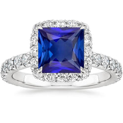 Bague de Fiançailles Halo Princesse Saphir Bleu Avec Accents 6.50 Carats