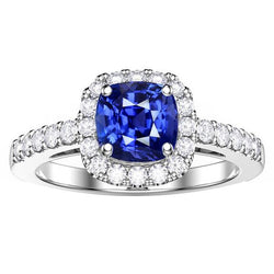Bague de Fiançailles Halo Saphir Coussin 3.50 Carats & Diamants Ronds