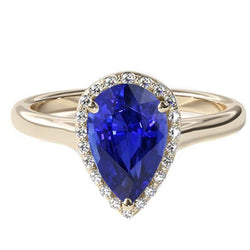 Bague de Fiançailles Halo Taille Poire Saphir Bleu & Diamants 4 Carats