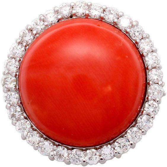 Bague de Fiançailles Or Blanc 14K 15 Carats Corail Rouge Et Diamants - HarryChadEnt.FR