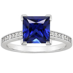Bague de Fiançailles Or Blanc Princesse Saphir Bleu & Diamant 4 Carats