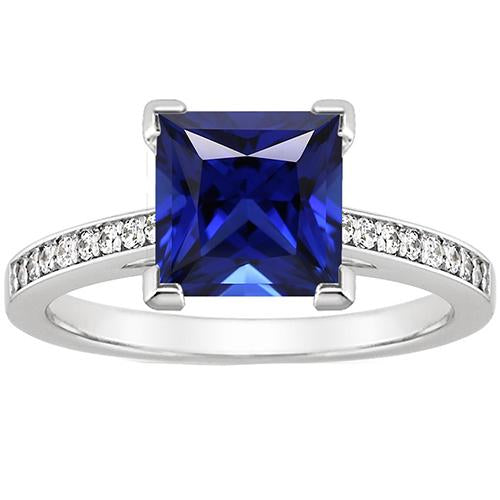 Bague de Fiançailles Or Blanc Princesse Saphir Bleu & Diamant 4 Carats - HarryChadEnt.FR