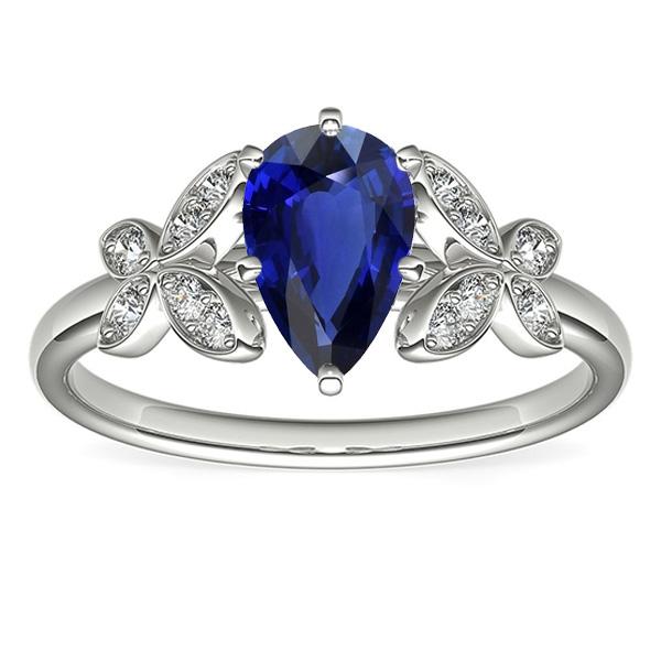 Bague de Fiançailles Papillon Diamant Poire Saphir de Ceylan 3 Carats - HarryChadEnt.FR