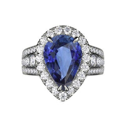 Bague de Fiançailles Poire Halo Saphir Bleu Sertie & Diamants 6 Carats