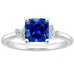 Bague de Fiançailles Saphir Bleu Coussin & Diamant 2.50 Carats Or Blanc