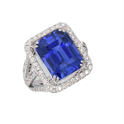 Bague de Fiançailles Saphir Bleu Halo de Diamants Or 6.50 Carats 14K - HarryChadEnt.FR