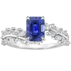 Bague de Fiançailles Style Feuille Emeraude Ceylan Saphir & Diamant 5 Carats