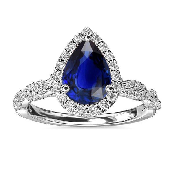 Bague de Mariage Halo Diamant Poire Saphir Sri Lankais 4 Carats - HarryChadEnt.FR