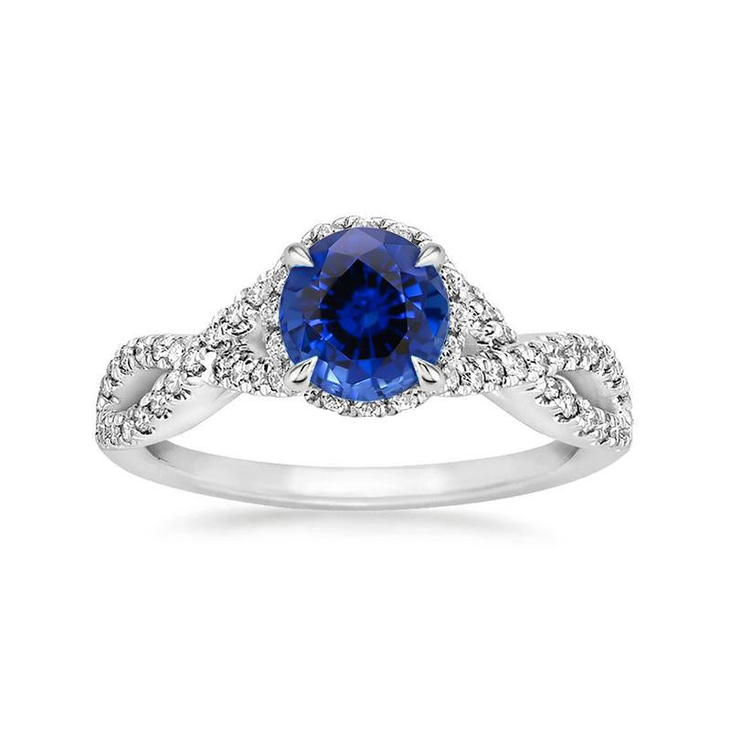 Bague de diamants halo de saphir bleu du Sri Lanka de 4.85 ct en or blanc - HarryChadEnt.FR