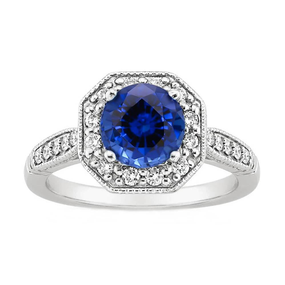 Bague de diamants halo de saphir du Sri Lanka de 3.35 carats en or blanc 14 carats - HarryChadEnt.FR