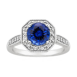 Bague de diamants halo de saphir du Sri Lanka de 3.35 carats en or blanc 14k