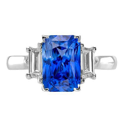 Bague de fiançailles 3 pierres saphir radieux 3 carats diamants émeraude