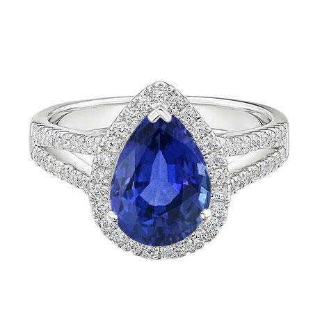 Bague de fiançailles Halo Diamant Poire Ceylan Saphir Tige fendue 4 Carats - HarryChadEnt.FR