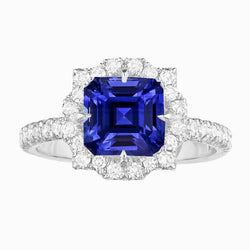 Bague de fiançailles Halo Saphir Style Fleur Taille Asscher 3.50 Carats