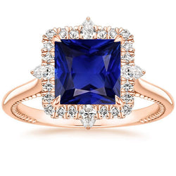 Bague de fiançailles Halo Style Vintage Saphir Bleu 6.25 Carats Or Rose