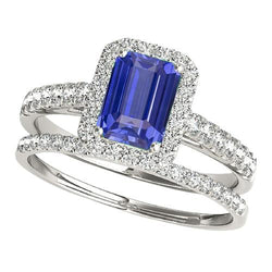 Bague de fiançailles Halo sertie de saphir bleu émeraude avec bande d'or 4 carats