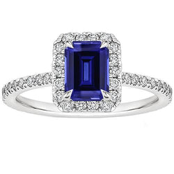 Bague de fiançailles Halo taille émeraude saphir de Ceylan et diamant 4.25 carats