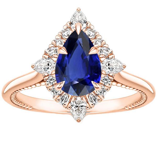 Bague de fiançailles Halo taille poire Saphir bleu et diamants 4 carats - HarryChadEnt.FR