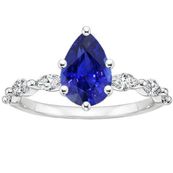 Bague de fiançailles avec accents poire saphir bleu et diamants 3.75 carats