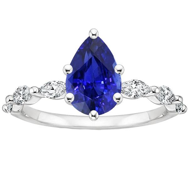 Bague de fiançailles avec accents poire saphir bleu et diamants 3.75 carats - HarryChadEnt.FR