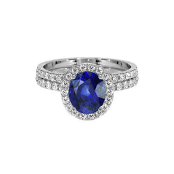 Bague de fiançailles avec halo de saphir bleu ovale sertie en or blanc 10.25 carats