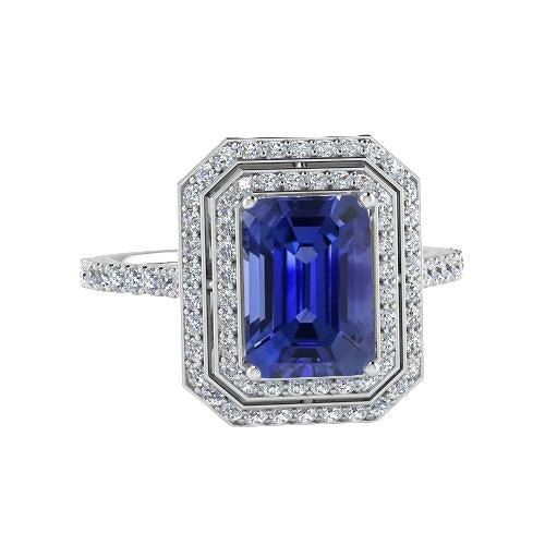 Bague de fiançailles diamant double halo émeraude saphir 3.50 carats - HarryChadEnt.FR
