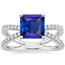 Bague de fiançailles diamant femme 6.25 carat saphir bleu Princess Center