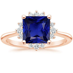 Bague de fiançailles diamant halo 6 carats princesse saphir bleu or rose
