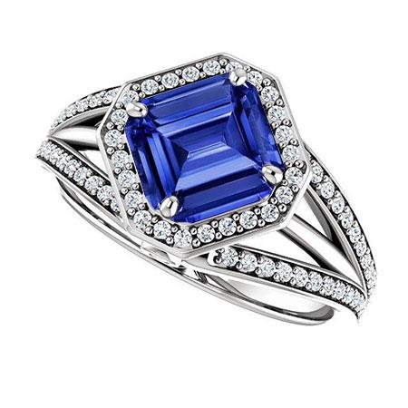 Bague de fiançailles diamant halo émeraude saphir tige fendue 4.50 carats - HarryChadEnt.FR