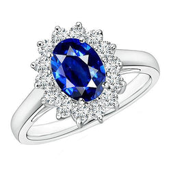 Bague de fiançailles diamant ovale halo saphir de Ceylan 6 carats style fleur