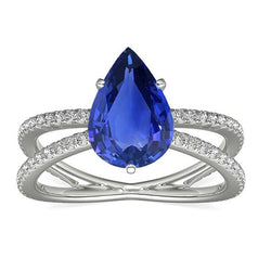 Bague de fiançailles diamant poire saphir bleu 5 carats tige fendue