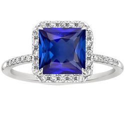Bague de fiançailles diamant rond et saphir bleu avec accents 6 carats